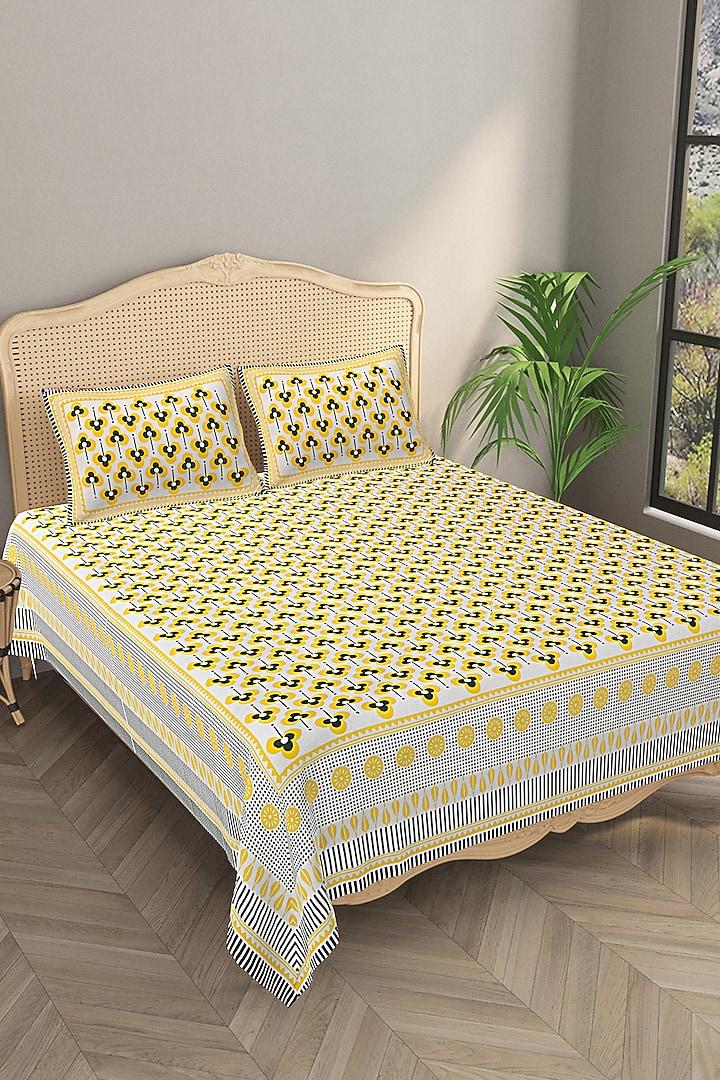 Yellow Cotton Mix Printed & Handcrafted King Size Bedsheet Set by Jaipur Gate at Pernia's Pop Up Shop