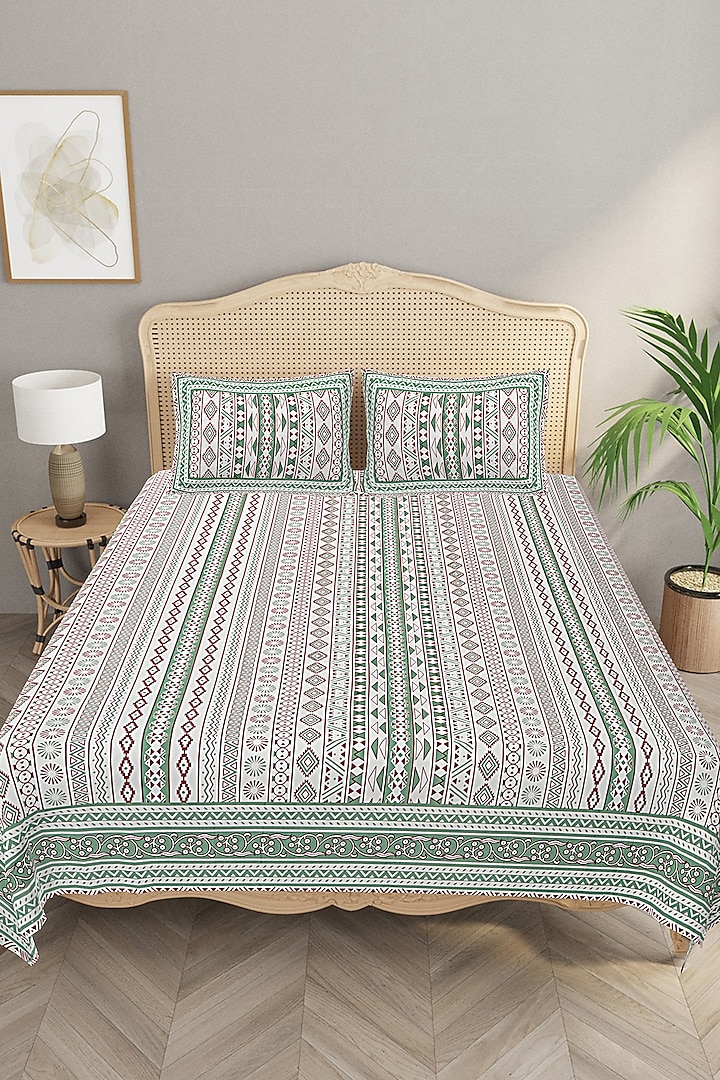 Green Cotton Mix Printed & Handcrafted King Size Bedsheet Set by Jaipur Gate