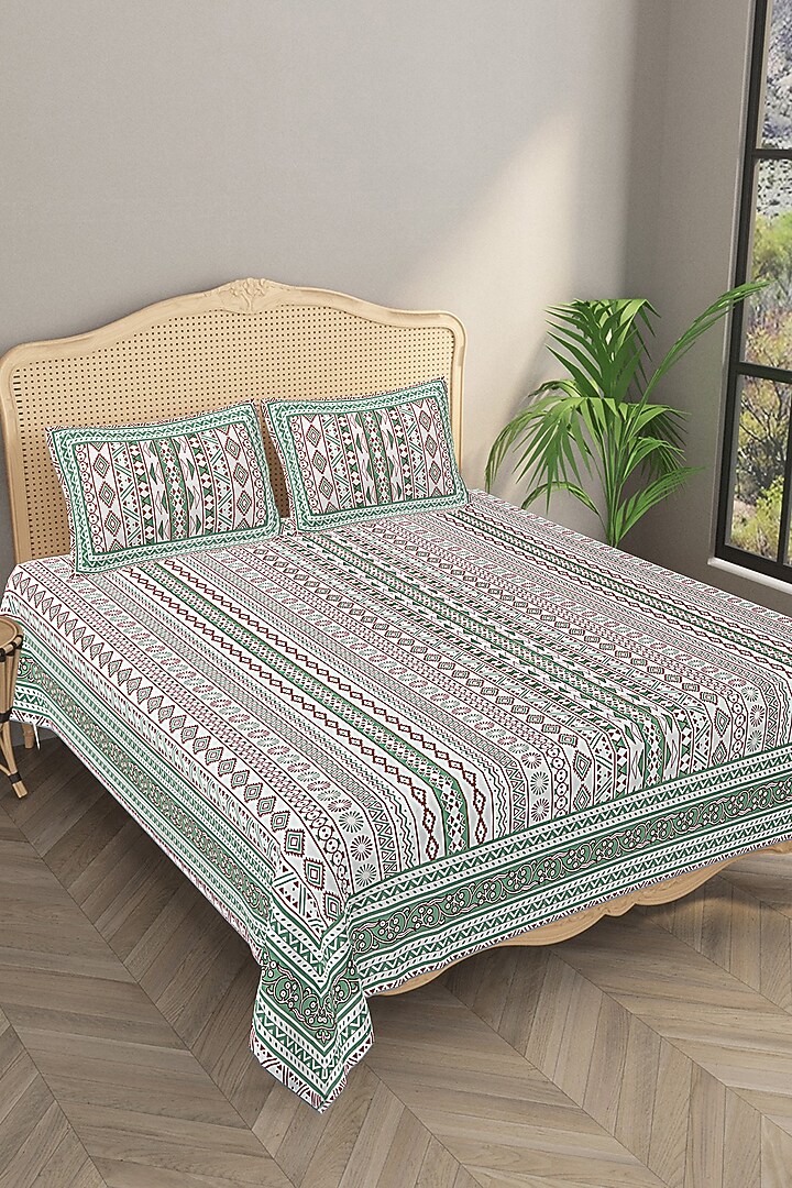 Green Cotton Mix Printed & Handcrafted King Size Bedsheet Set by Jaipur Gate at Pernia's Pop Up Shop