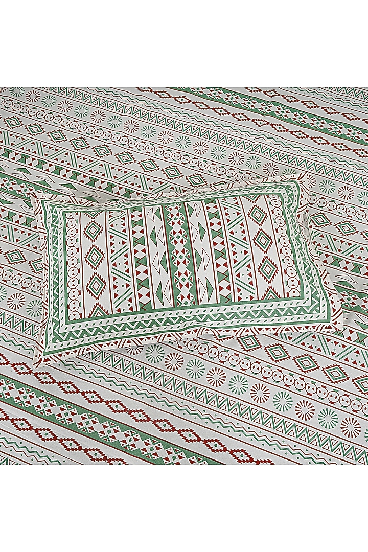Green Cotton Mix Printed & Handcrafted King Size Bedsheet Set by Jaipur Gate at Pernia's Pop Up Shop