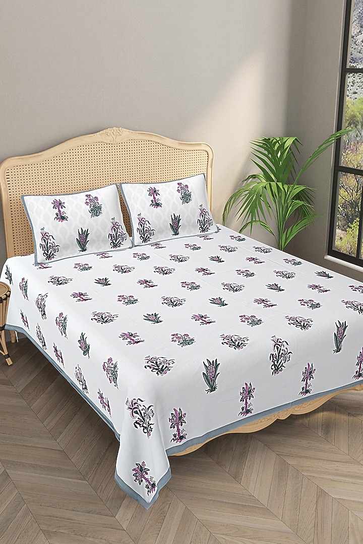 White & Grey Cotton Printed Double Bedsheet Set by Jaipur Gate at Pernia's Pop Up Shop
