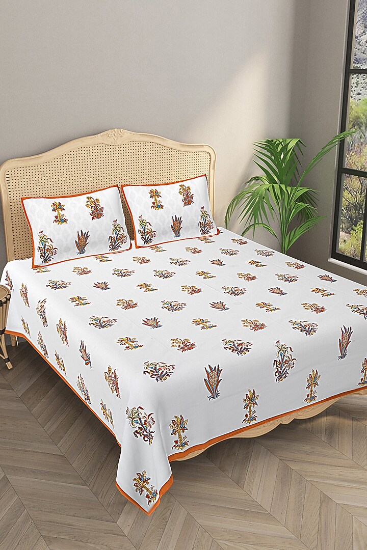 White & Yellow Cotton Printed Double Bedsheet Set by Jaipur Gate at Pernia's Pop Up Shop