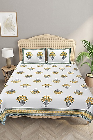White & Green Cotton Printed Double Bedsheet Set by Jaipur Gate