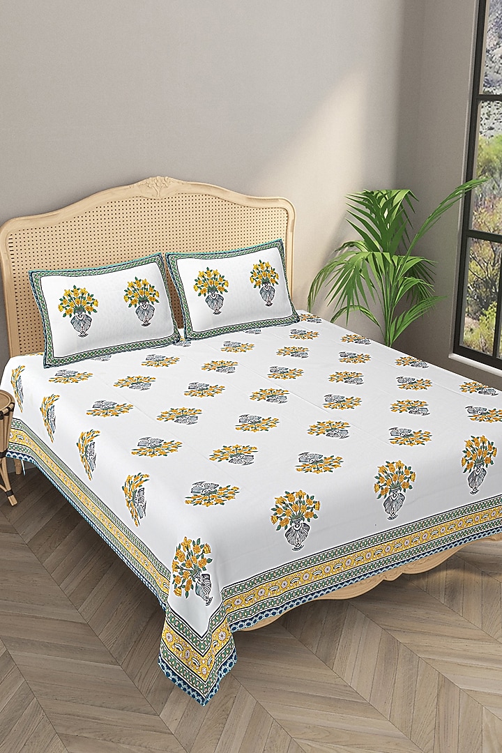 White & Green Cotton Printed Double Bedsheet Set by Jaipur Gate at Pernia's Pop Up Shop