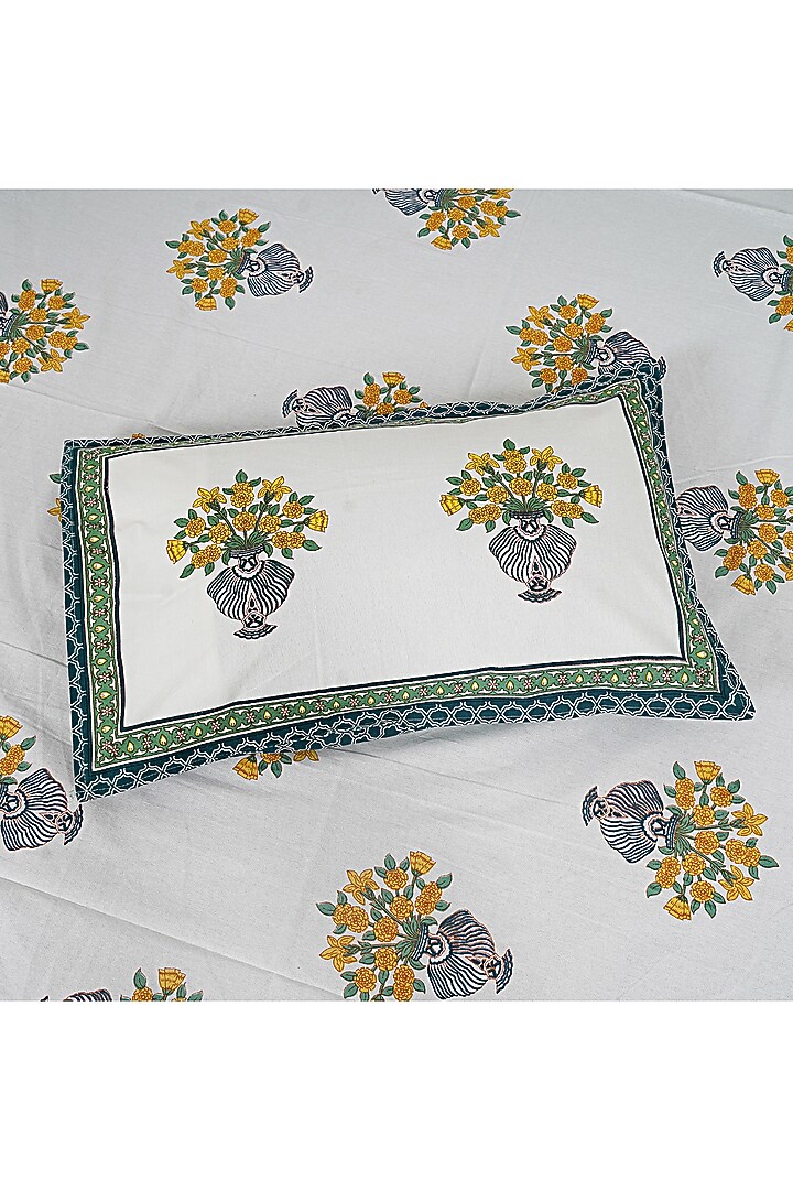 White & Green Cotton Printed Double Bedsheet Set by Jaipur Gate at Pernia's Pop Up Shop