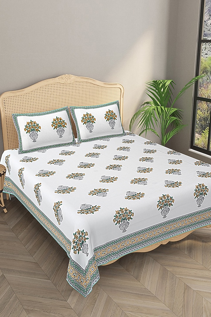 White & Grey Cotton Printed Double Bedsheet Set by Jaipur Gate at Pernia's Pop Up Shop