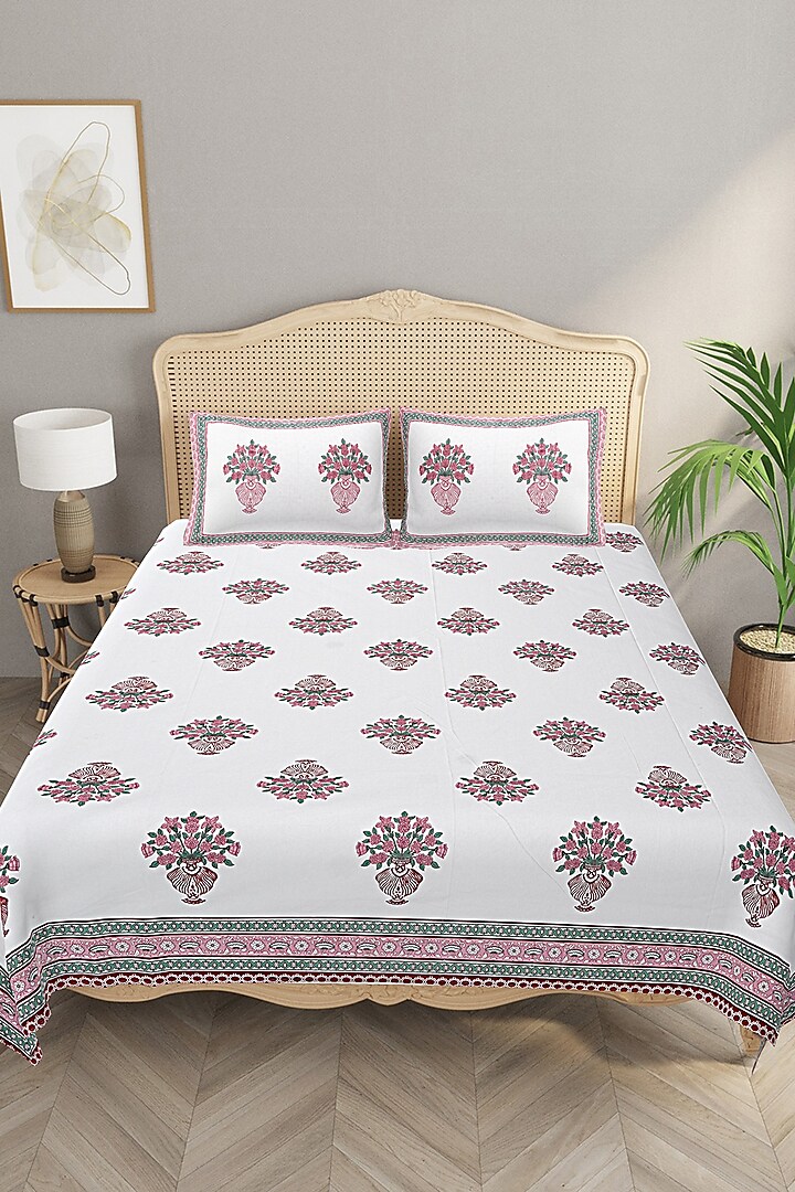 White & Pink Cotton Printed Double Bedsheet Set by Jaipur Gate