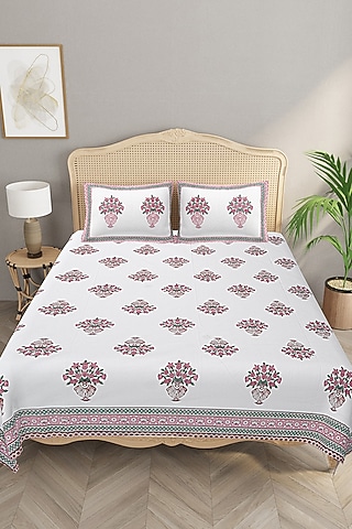 White & Pink Cotton Printed Double Bedsheet Set by Jaipur Gate