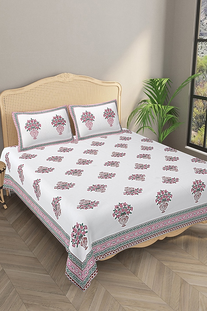 White & Pink Cotton Printed Double Bedsheet Set by Jaipur Gate at Pernia's Pop Up Shop