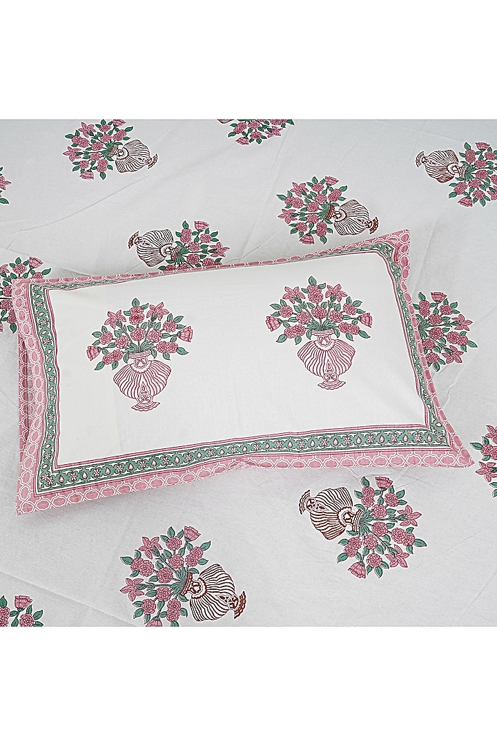White & Pink Cotton Printed Double Bedsheet Set by Jaipur Gate at Pernia's Pop Up Shop