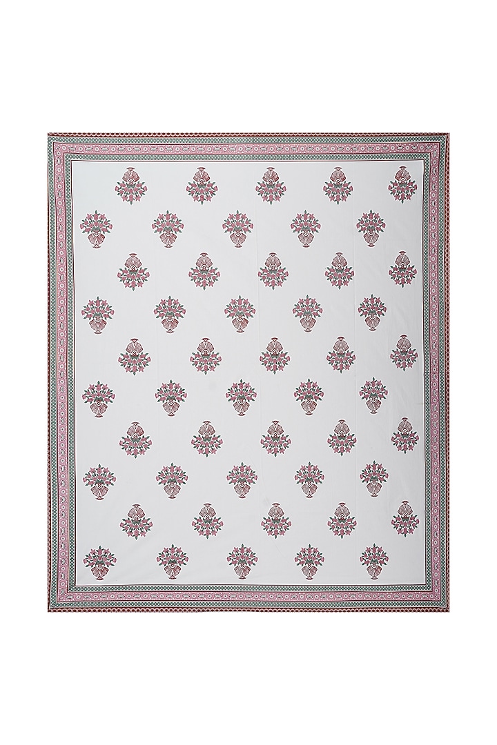 White & Pink Cotton Printed Double Bedsheet Set by Jaipur Gate at Pernia's Pop Up Shop