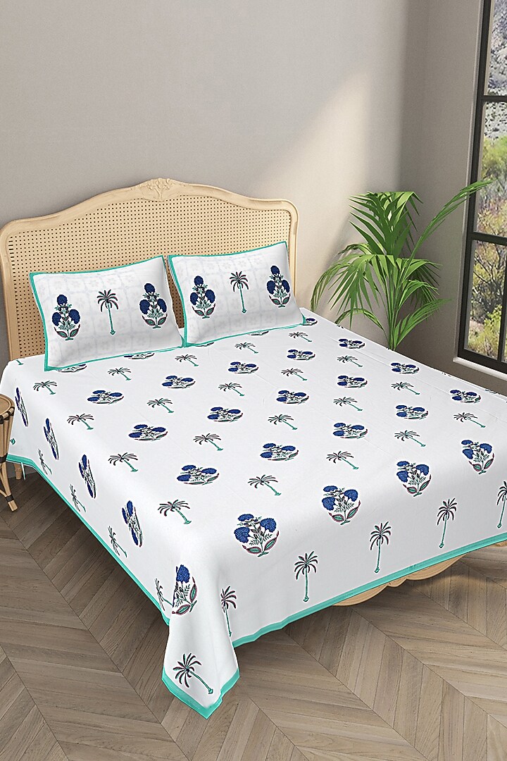 White & Blue Cotton Printed Double Bedsheet Set by Jaipur Gate at Pernia's Pop Up Shop