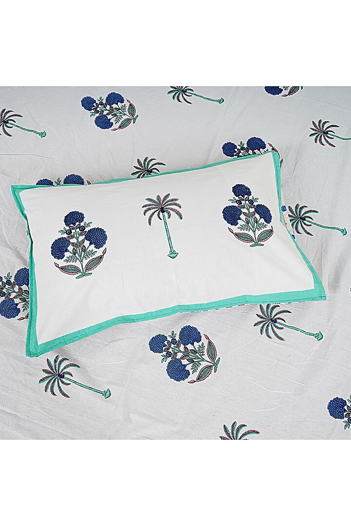 White & Blue Cotton Printed Double Bedsheet Set by Jaipur Gate at Pernia's Pop Up Shop