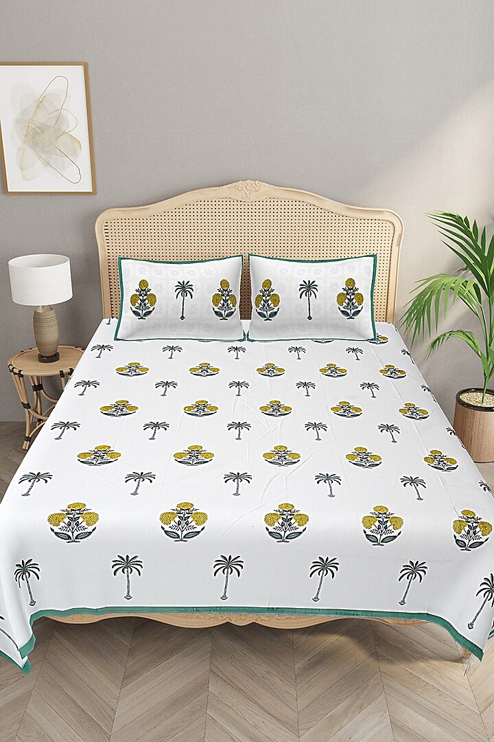 White & Green Cotton Printed Double Bedsheet Set by Jaipur Gate