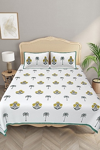 White & Green Cotton Printed Double Bedsheet Set by Jaipur Gate