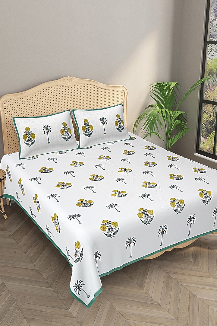 White & Green Cotton Printed Double Bedsheet Set by Jaipur Gate at Pernia's Pop Up Shop