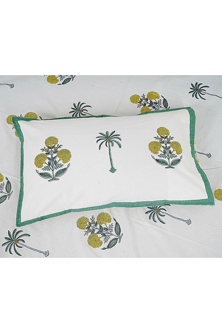 White & Green Cotton Printed Double Bedsheet Set by Jaipur Gate at Pernia's Pop Up Shop