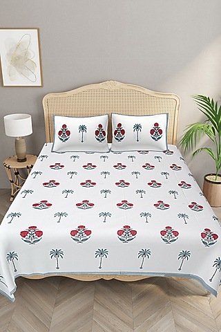 White & Grey Cotton Printed Double Bedsheet Set by Jaipur Gate