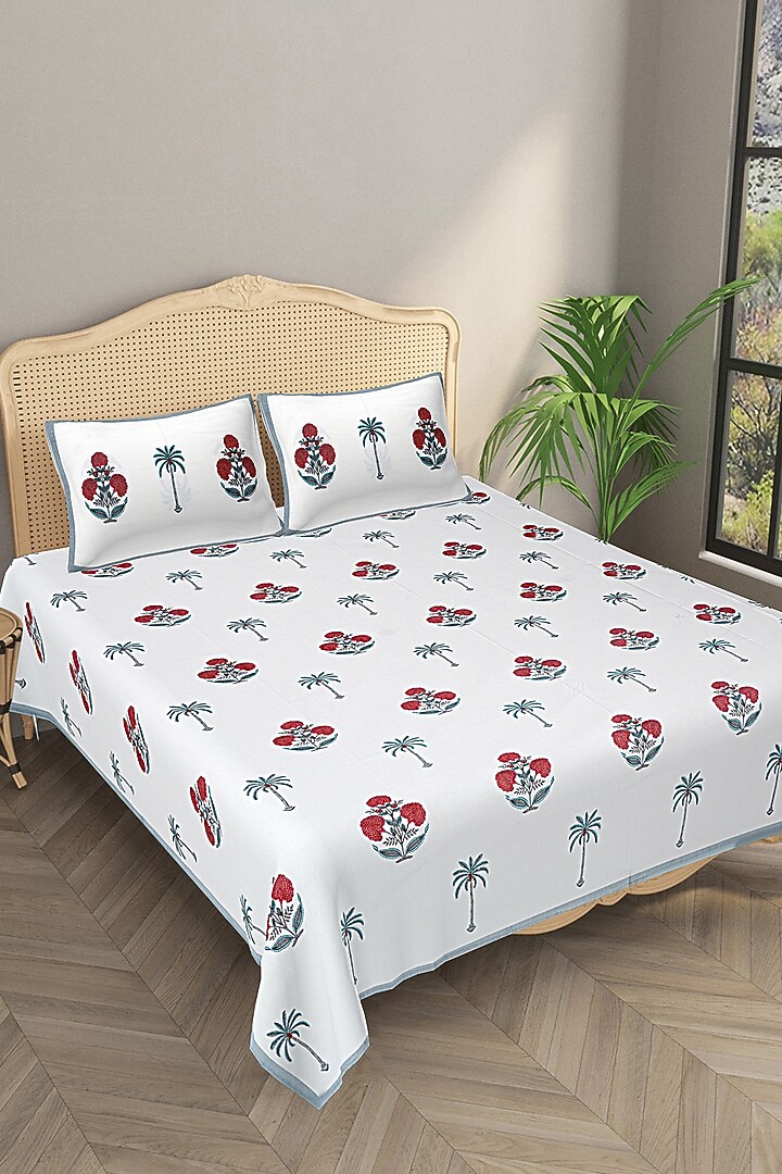 White & Grey Cotton Printed Double Bedsheet Set by Jaipur Gate at Pernia's Pop Up Shop