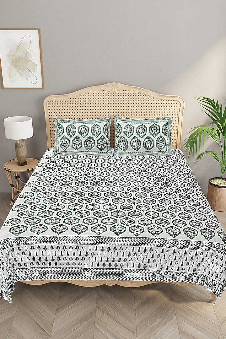 Green Cotton Printed Double Bedsheet Set by Jaipur Gate