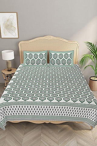 Green Cotton Printed Double Bedsheet Set by Jaipur Gate