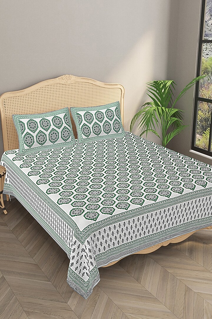 Green Cotton Printed Double Bedsheet Set by Jaipur Gate at Pernia's Pop Up Shop