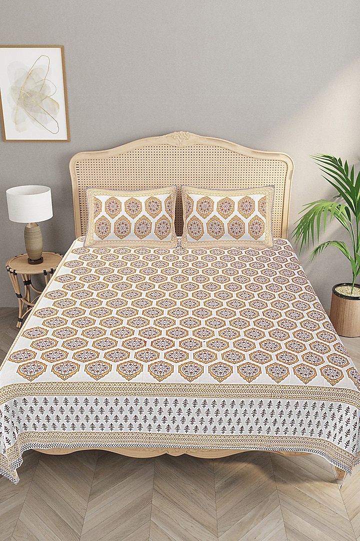 Yellow Cotton Mix Printed Double Bedsheet Set by Jaipur Gate