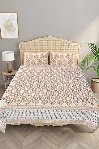 Yellow Cotton Mix Printed Double Bedsheet Set by Jaipur Gate