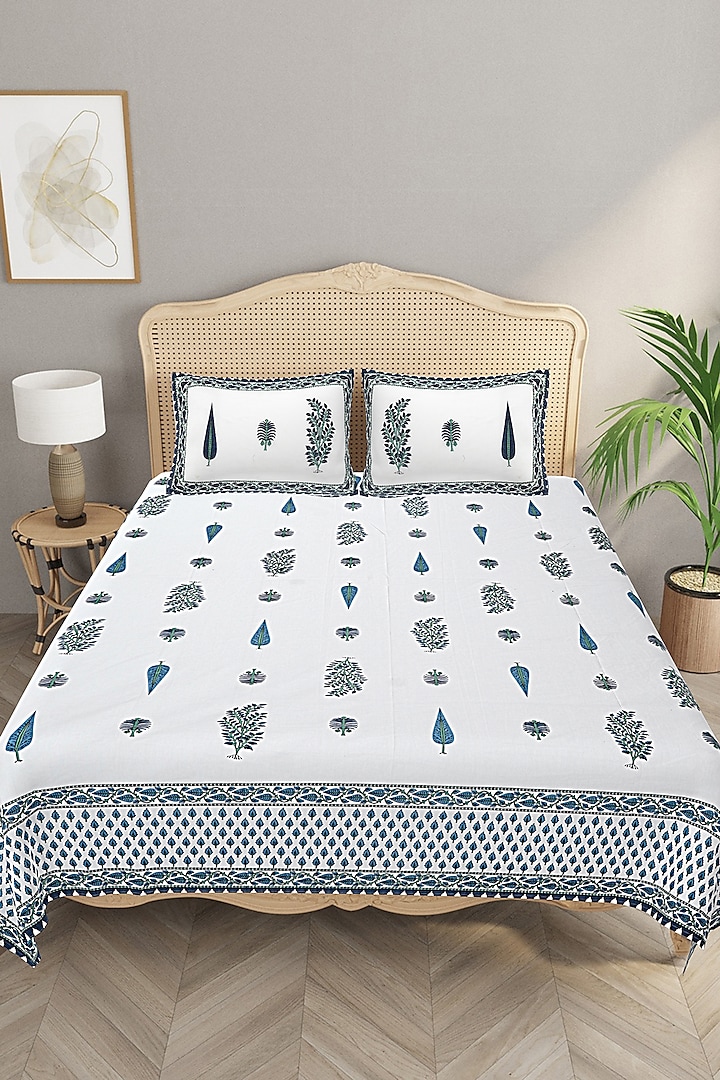 White & Blue Cotton Printed Double Bedsheet Set by Jaipur Gate