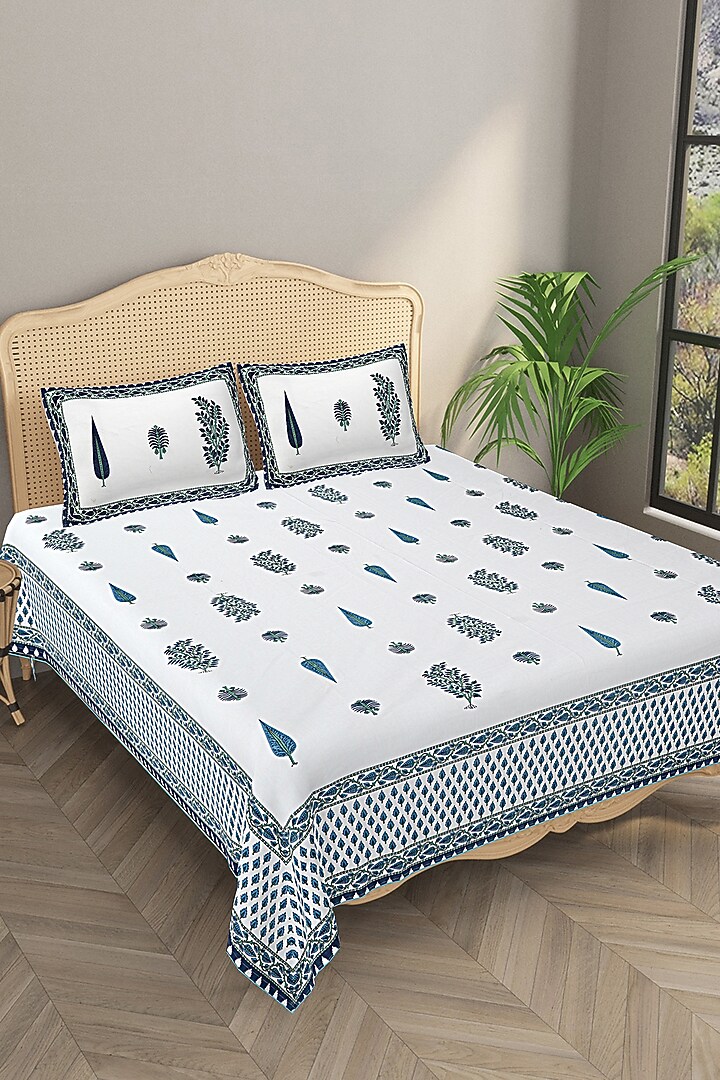 White & Blue Cotton Printed Double Bedsheet Set by Jaipur Gate at Pernia's Pop Up Shop