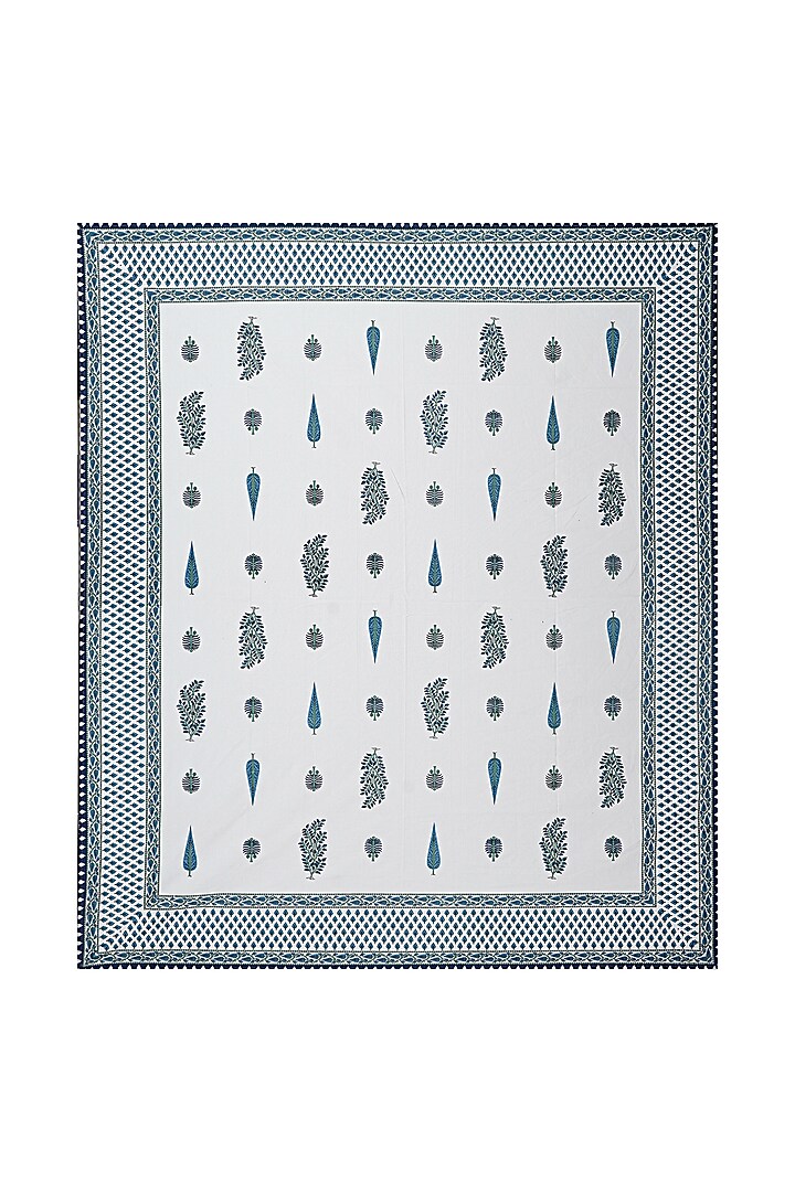 White & Blue Cotton Printed Double Bedsheet Set by Jaipur Gate at Pernia's Pop Up Shop