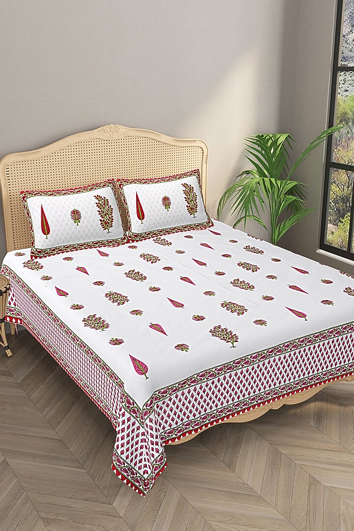 White & Red Cotton Printed Double Bedsheet Set by Jaipur Gate at Pernia's Pop Up Shop