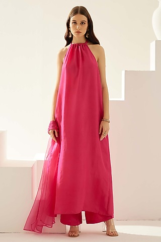 Red Silk Halter Neck Tunic Set by Wear JaJa