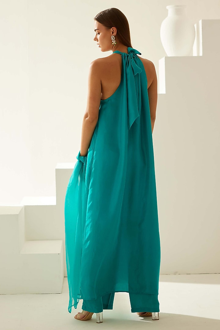 Turquoise Silk Halter Neck Tunic Set by Wear JaJa at Pernia's Pop Up Shop