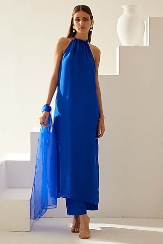 Cobalt Blue Silk Halter Neck Tunic Set by Wear JaJa