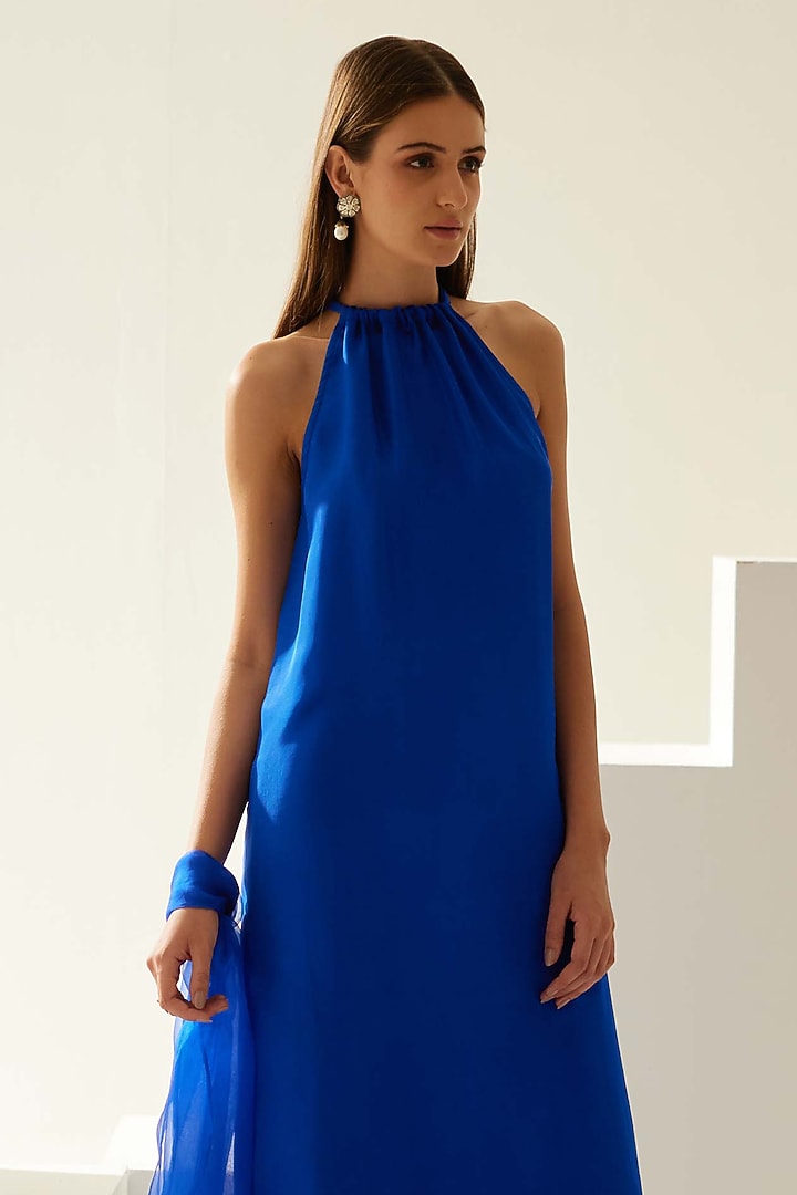 Cobalt Blue Silk Halter Neck Tunic Set by Wear JaJa at Pernia's Pop Up Shop