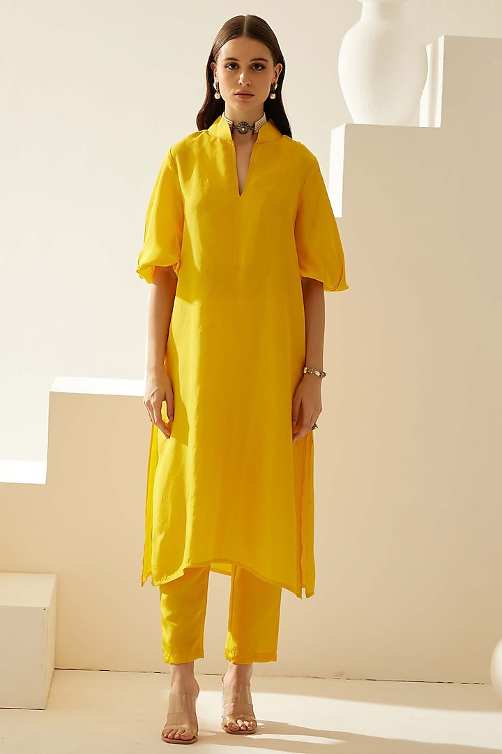 Yellow Silk V-Neck Tunic Set by Wear JaJa at Pernia's Pop Up Shop