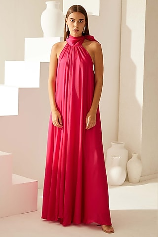 Pink Satin Halter Maxi Dress by Wear JaJa