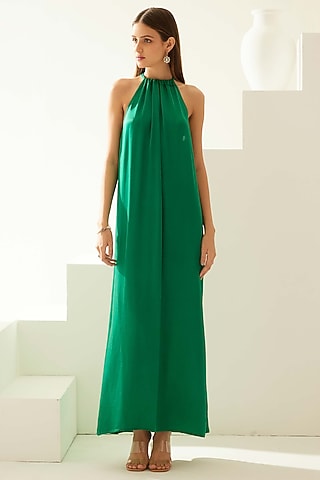 Green Satin Halter Maxi Dress by Wear JaJa