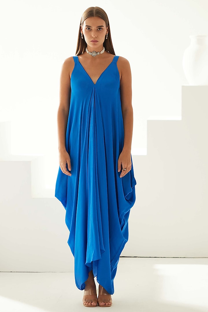 Cobalt Blue Satin Asymmetric Maxi Dress by Wear JaJa at Pernia's Pop Up Shop