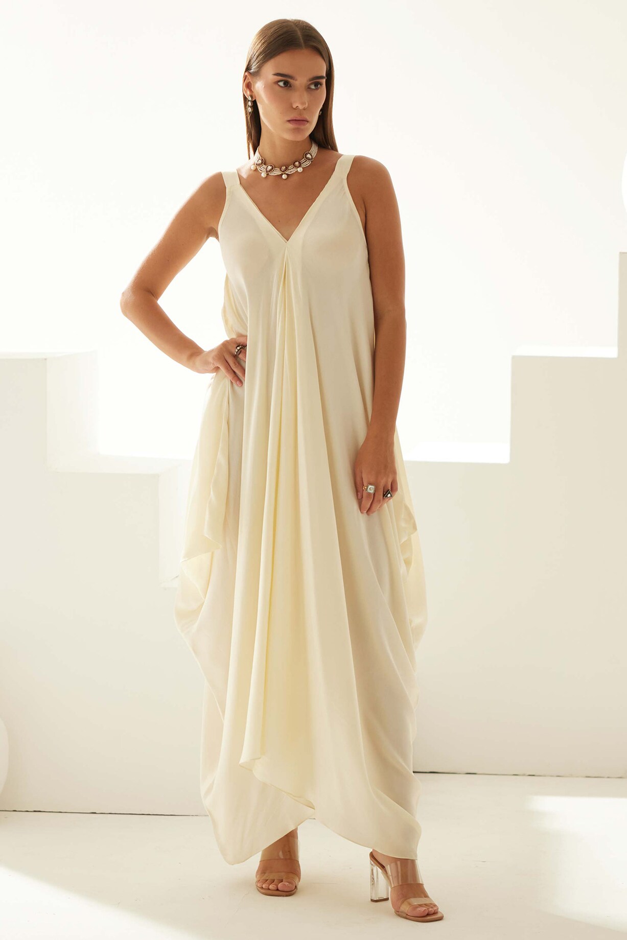 Cream Satin Asymmetric Maxi Dress by Wear JaJa at Pernia's Pop Up Shop 2026