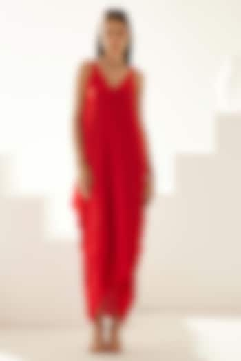 Red Satin Draped Maxi Dress by Wear JaJa at Pernia's Pop Up Shop