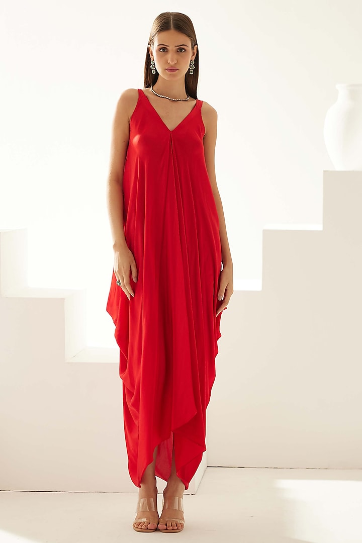 Red Satin Draped Maxi Dress by Wear JaJa at Pernia's Pop Up Shop