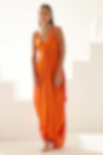 Orange Satin Draped Maxi Dress by Wear JaJa at Pernia's Pop Up Shop