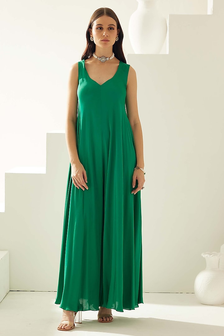 Green Satin Sleeveless Jumpsuit by Wear JaJa at Pernia's Pop Up Shop