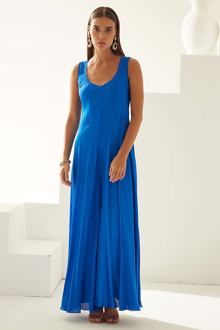 Cobalt Blue Satin Sleeveless Jumpsuit by Wear JaJa at Pernia's Pop Up Shop