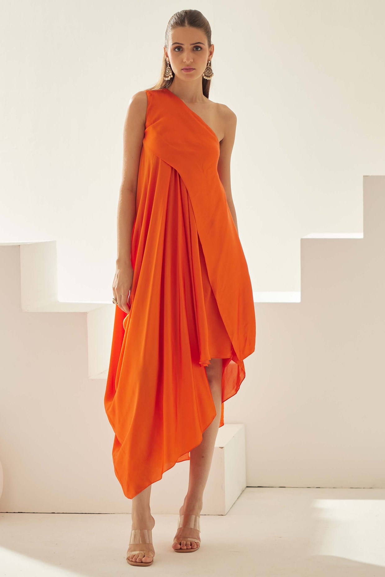 Orange Modal One-Shoulder Asymmetrical Maxi Dress by Wear