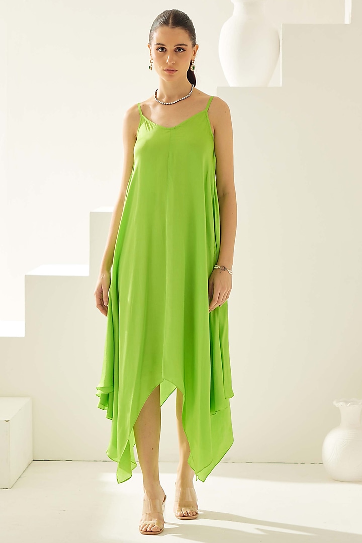 Lime Green Satin Midi Dress by Wear JaJa at Pernia's Pop Up Shop