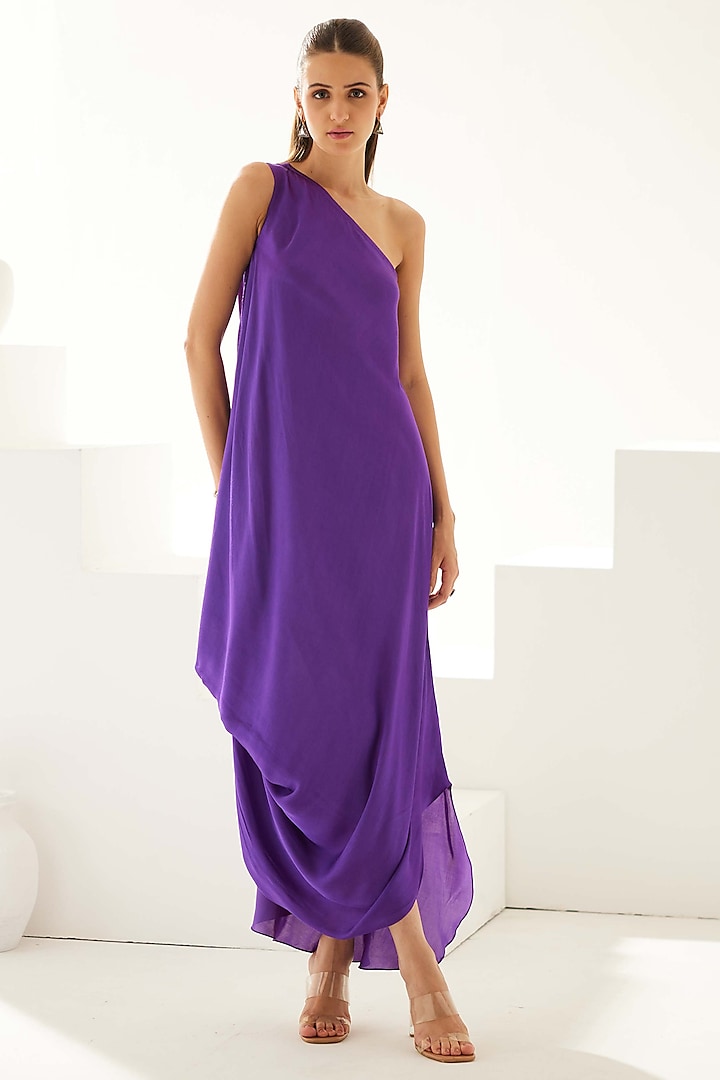 Purple Satin One-Shoulder Draped Maxi Dress by Wear JaJa at Pernia's Pop Up Shop