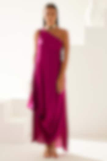 Wine Satin One-Shoulder Draped Maxi Dress by Wear JaJa at Pernia's Pop Up Shop